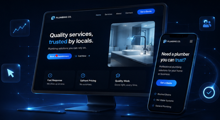 A modern website design shown across a desktop monitor and a smartphone